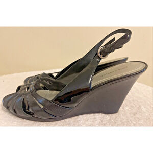 Ann Taylor Strappy Sling Back Wedge Heel Sandals Black Patent Size 7.5M